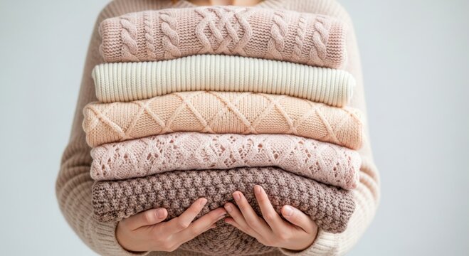 Female hands holding stack of knitted sweaters