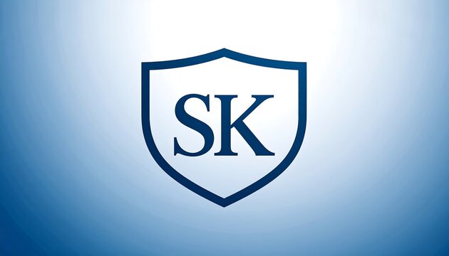 Dark-blue shield-shaped emblem with initials "SK" on a light-blue gradient background