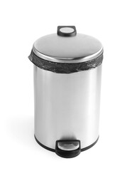 One metal trash bin with plastic bag isolated on white