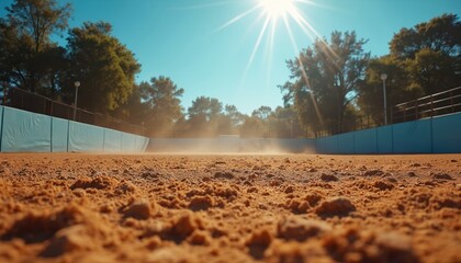 Dust rises from dry earth on sunny sports ground. Empty outdoor arena with blue fence and green trees. Clear sky, bright sun rays. Active lifestyle.