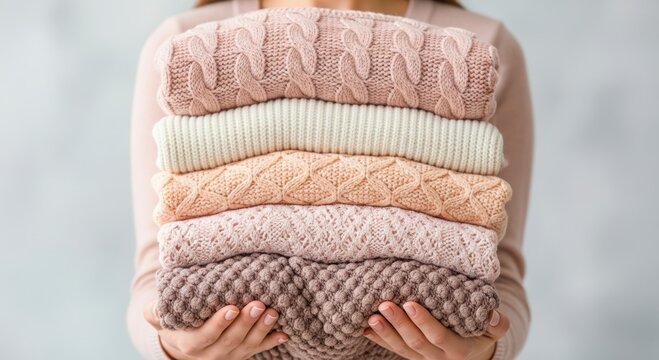 Female hands holding a stack of cozy knitted sweaters showcasing warm seasonal knitwear in a soft minimal style