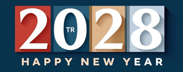 Happy New Year 2028 design with large numerals on a deep blue background