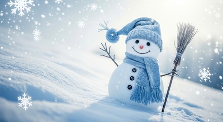 Cheerful snowman on a snowy hillside with falling snowflake creating a serene and magical winter atmosphere