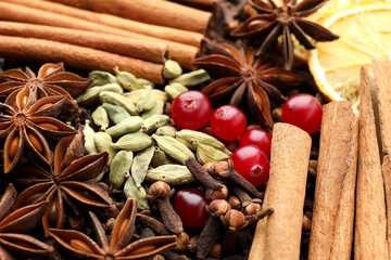 Different spices, dry orange slices and cranberries for mulled wine as background, closeup