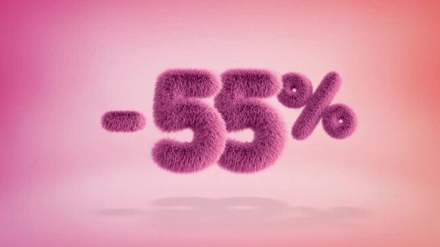 55% pink fluffy numbers and symbols on a simple gradient background with particles. Looping animation of 3D text countdown 55 percent sale
