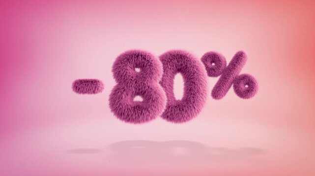 80% pink fluffy numbers and symbols on a simple gradient background with particles. Looping animation of 3D text countdown 80 percent sale