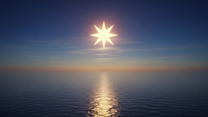 Glowing star above calm sea horizon, guidance theme.