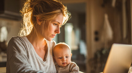 Mother works on laptop while holding baby in cozy indoor setting during afternoon