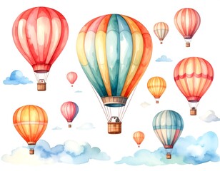 Fototapeta premium Watercolor hot air balloons in various colors, with clouds