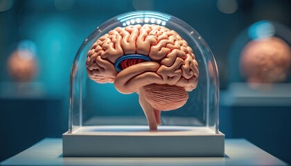 Human brain model inside protective glass dome. Shows intricate structure and blood vessels. Used for medical education and science research.