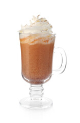 Warm pumpkin latte with whipped cream isolated on white
