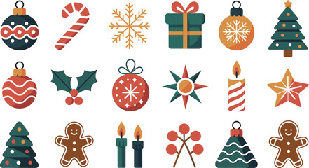 Christmas Icon Set with Ornaments Gifts Snowflakes Trees Candy Cane Gingerbread Candles Holly and Holiday Elements