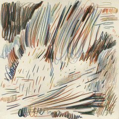 Warm vintage abstract drawing made with multicolor rainbow pencil on textured paper, featuring dynamic hand-drawn lines and organic motion strokes &mdash; retro art background for creative design.