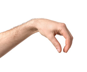 Man holding something on white background, closeup