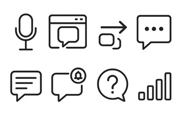 Communication Icons Set. Live conversation tools set linear set: mic symbol, chat window, instant response arrow, typing dots, conversation log, notification ping, help icon,