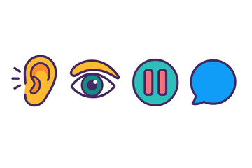 Active Listening Icons. Active listener set isometric flat set: listening ear, attentive gaze, mindful pause marker, dialogue bubble. 1 rows of 4 icons.