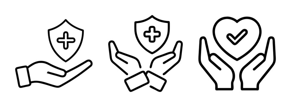 A set of three icons depicting hands holding a shield with a cross, two hands holding a shield with a cross, and two hands holding a heart with a checkmark
