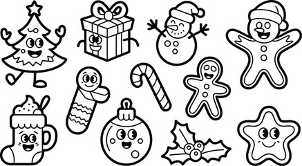 Cute Christmas Doodle Icon Set with Tree Snowman Gingerbread Candy Cane Ornaments and Holiday Elements Vector Illustration