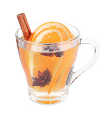 Tasty mulled wine with spices and orange slices in glass cup isolated on white