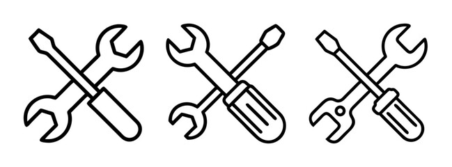 A set of three line icons featuring crossed screwdrivers and wrenches in a simple black outline style