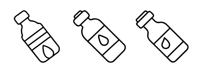 Three black line drawings of plastic bottles with different designs on a