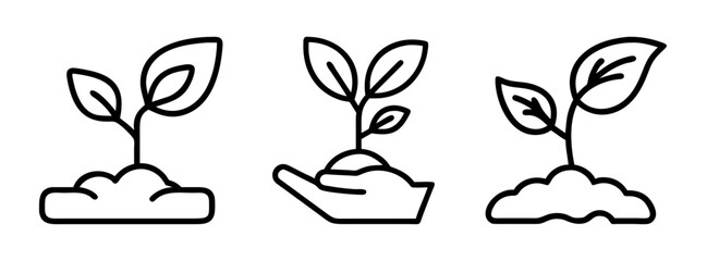 A set of three simple line art illustrations of seedlings growing in soil with one being held in a hand