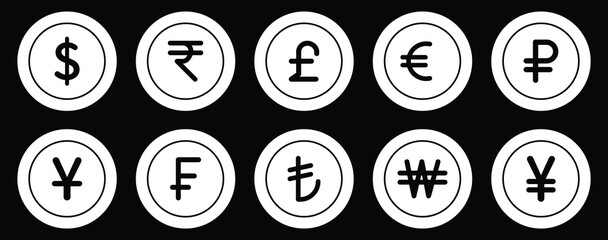 Collection of most popular currency symbol. Currency signs: dollar, yen, ruble, rupee, yuan, pound, franc and euro. Simple design of the most popular currency. Banknotes. Money and currency exchange.  © Hike Studio 888