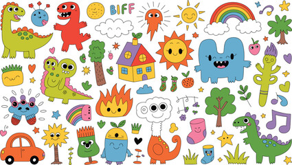Cute Colorful Doodle Cartoon Set with Dinosaurs Monsters Rainbows Animals and Fun Kids Elements Vector Illustration
