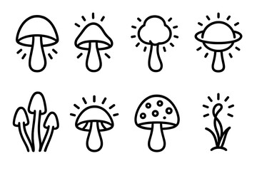 Glowing Fungal Icons. Glowing Fungi Variants linear set: luminescent cap, soft-glow stem, radiant spore puff, halo-ring mushroom, shimmer cluster, biolight gill, neon-dotted dome,