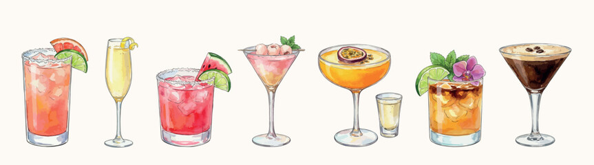Elegant trendy cocktails set - watercolor vector illustrations isolated
