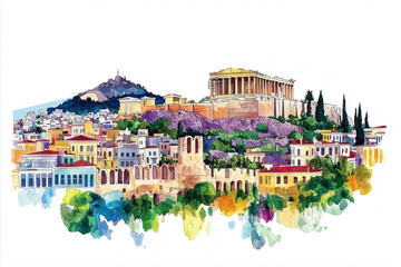 Obraz premium Watercolor illustration of colorful Athens city with ancient ruins, rooftops, Acropolis hill and blue sky
