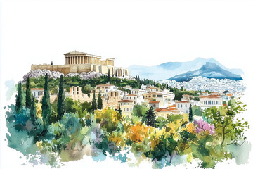 Obraz premium Watercolor illustration of Athens cityscape with Acropolis ruins, ancient temples, rooftops and nature views