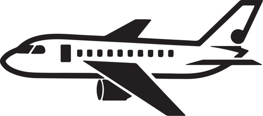 Black silhouette of a passenger airplane with a musical note on its tail fin on transparent background