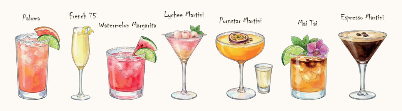 Elegant trendy cocktails set - watercolor vector illustrations isolated