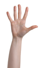 Fototapeta premium Woman showing gesture with hand on white background, closeup