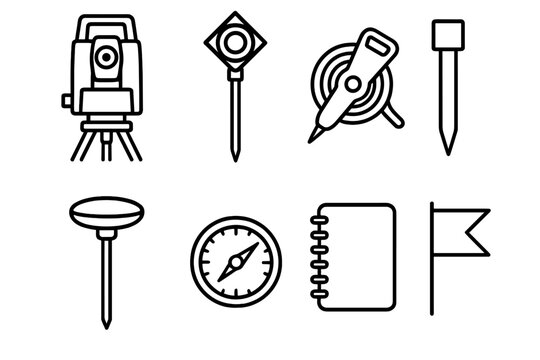 Survey Equipment Icons. Land Survey Equipment Set linear set: total station, prism pole, tape reel, stake marker, GPS receiver icon, angle meter, field notebook, boundary flag.