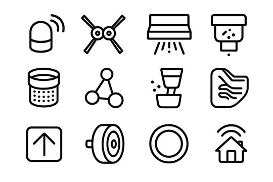 Debris Collection Icons. Automated Debris Collection linear set: proximity sensor bubble, dual-brush module, intake nozzle plate, particulate filter pod, route-planning node,