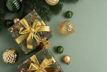 Border fron Christmas Gifts with Ornaments and Evergreen Branches on Festive Background