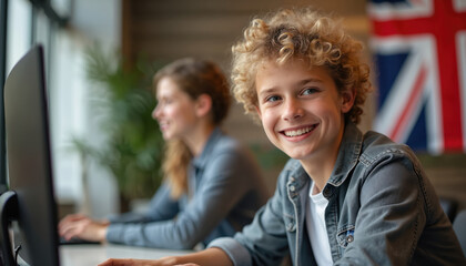 Young smiling student with curly blonde hair at computer. Another student works nearby. British flag in background. Concept digital learning, international studies, success in education. Modern