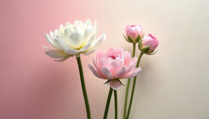 Obraz premium Pink, white flowers on green stems against soft pink background. White flower blooms fully. Pink flowers in different stages of blossom. Delicate petals, slender stems. Elegant floral arrangement.