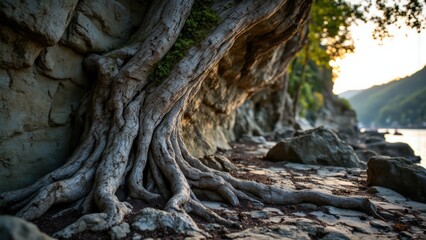 Gnarled tree roots cling to a bare stone cliff face. The roots are dark, contrasting with the lighter stone and distant water. A sense of fragility and steadfastness is conveyed.
