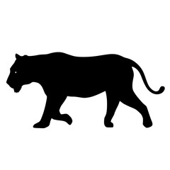 Obraz premium Solid black vector silhouette of a walking lion, white background. Logo, symbol, icon, illustration design. Character, sign, flat, minimal.