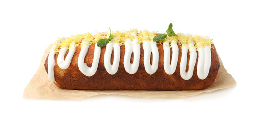 Tasty lemon cake decorated with icing, zest and mint isolated on white