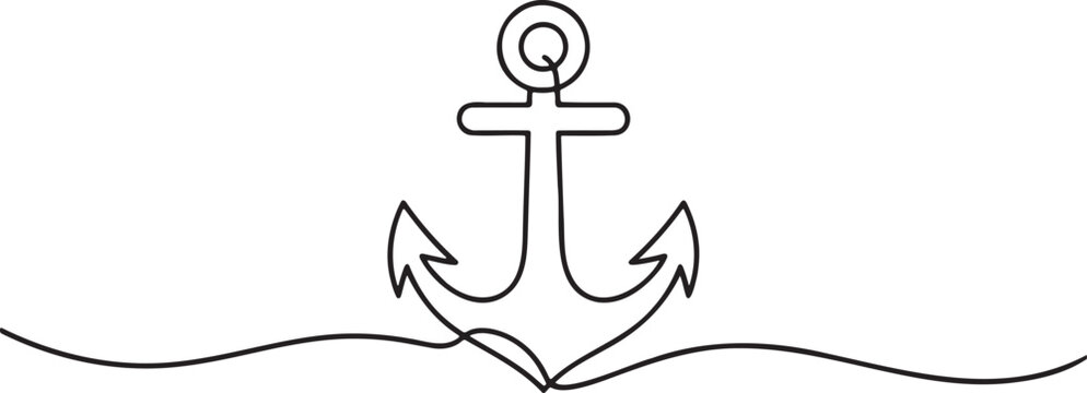 Continuous line drawing of ship anchor descending into the water symbolizing marine sailing and nautical travel