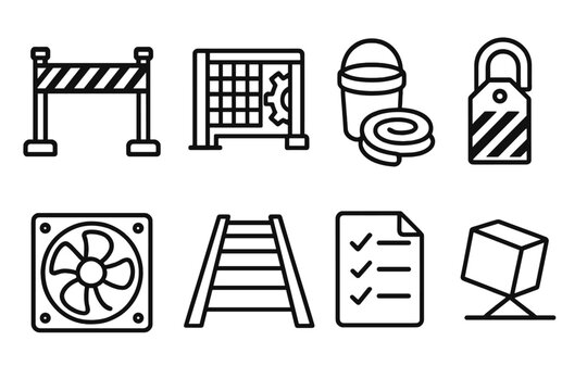 Safety Icons Set. Preventive Measures Set linear set: barrier tape, machine guard, spill kit, lockout tag, ventilation icon, safe walkway marker, precaution list, stability icon. [