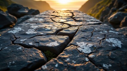 A textured, dark basalt column fills the frame. Fractured planes create depth. Distant light illuminates the scene, highlighting the rough surface. Sparse green moss clings to the rock.
