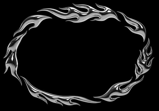 3D chrome flame frame with metallic shine and tribal Y2K black background. Futuristic oval border ideal for streetwear graphics, cyberpunk fashion prints and bold digital visual design elements extra