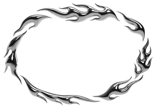 3D chrome flame frame with metallic shine and tribal Y2K energy. Futuristic oval border ideal for streetwear graphics, cyberpunk fashion prints and bold digital visual design elements extra