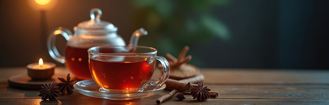 Warm chai tea steams in a glass cup. A teapot and aromatic spices like cinnamon and anise sit on a rustic wooden table. A small candle glows casting a cozy night light ambiance.