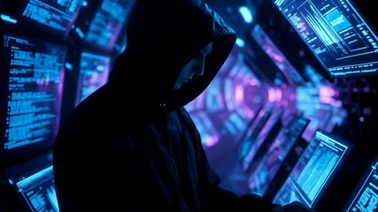 Anonymous criminal hacker in a hood launching a cyber attack virus using malware code. Digital data security crime threat on multiple screens. - Powered by Adobe